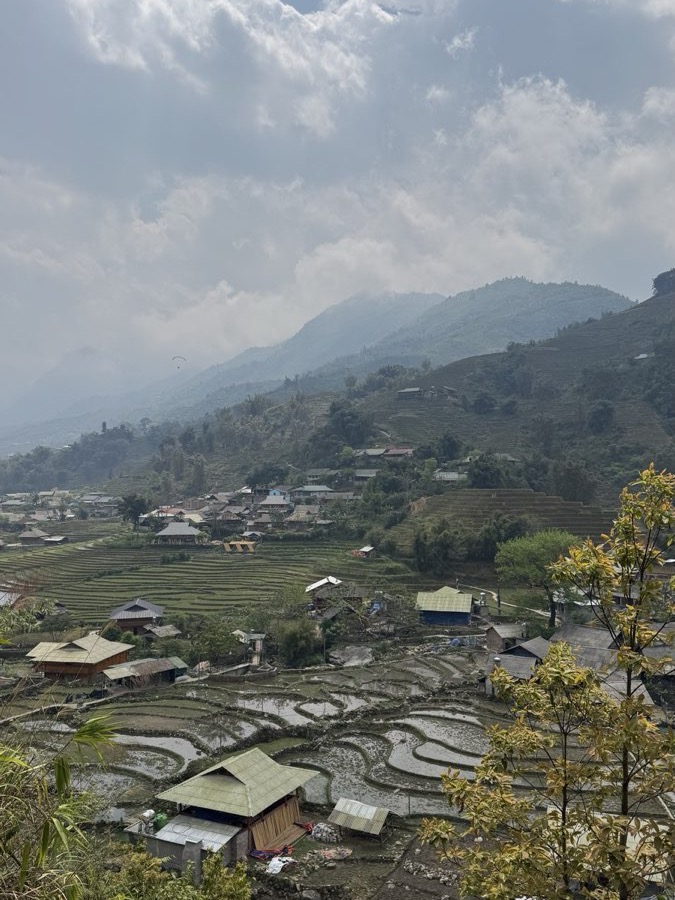 Terraced rice paddies and stilt houses stepping down a misty mountainside in northern Vietnam